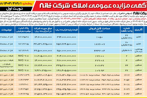 آگهی مزایده عمومی املاک شرکت خانه(سهامی خاص) به شماره 1/489/1403/الف و 1/490/1403/الف   مورخ 19\4\1403  (نوبت اول)